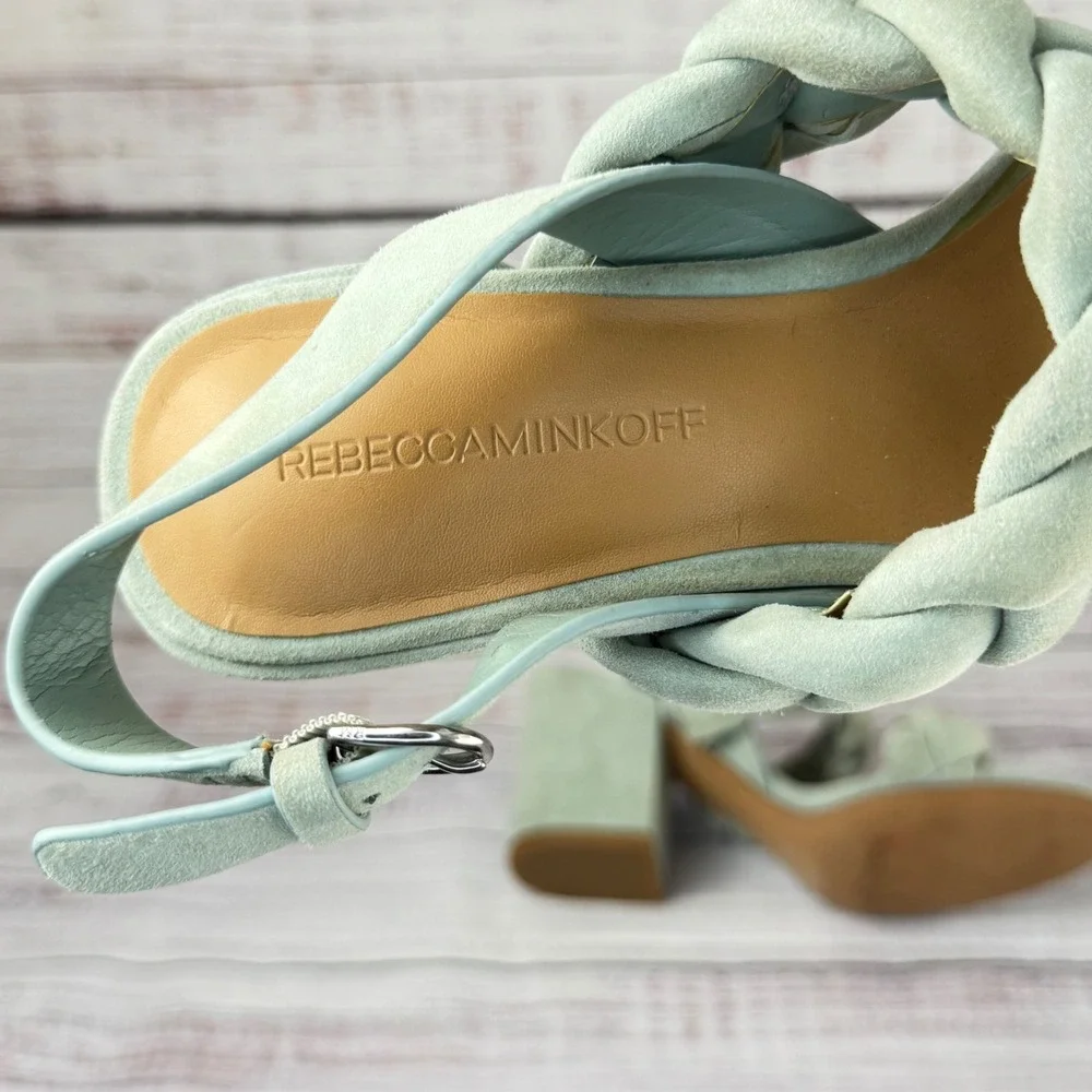 Rebecca Minkoff Mint Green Braided Suede Block Heel Sandals Women 7.5M Buckle